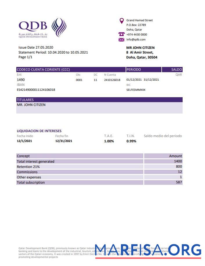 Downloadable Qatar Development bank statement excel download for verification